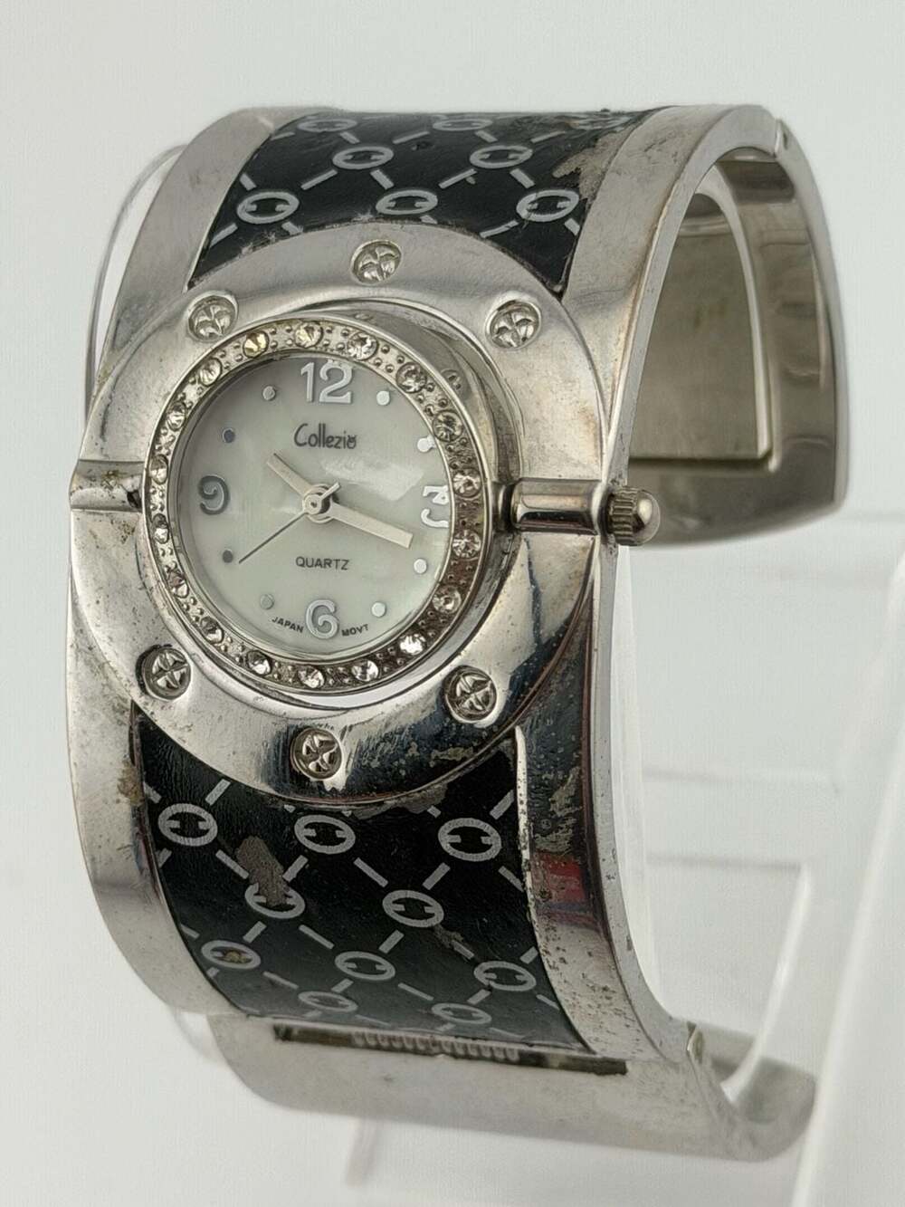 BOGO!-Collezio Watch Rhinestone Spinning Bezel Black Patterned Cuff NEW BATTERY